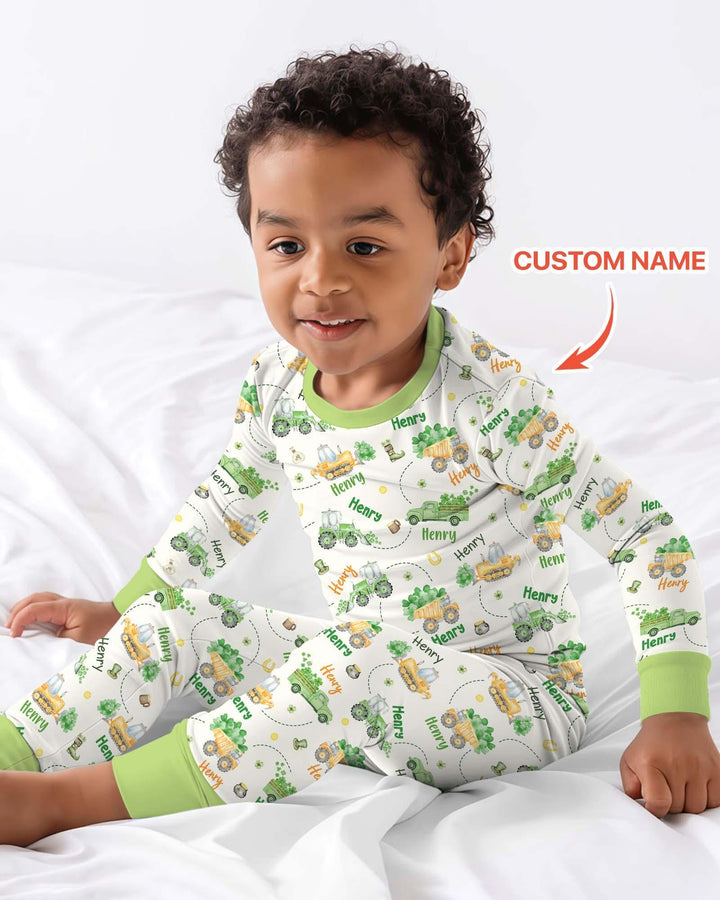 Construction St. Patrick's Day Custom Name Two Piece Long Sleeve Pajama Set