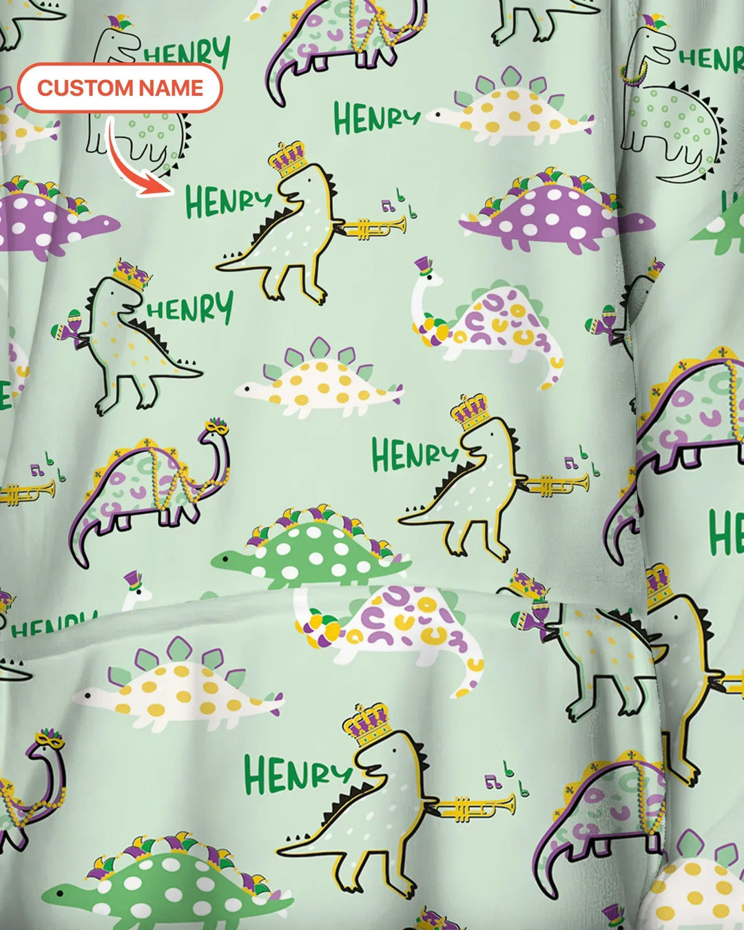 Custom Name Mardi Gras Saurus Wearable Bamboo Blanket Hoodie