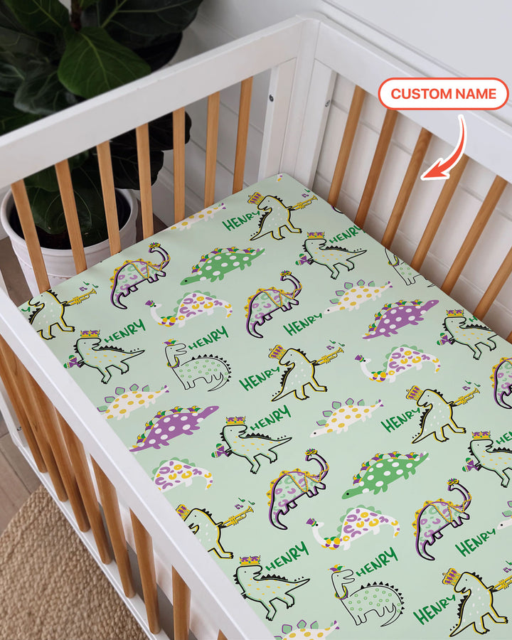Custom Name Mardi Gras Saurus Fitted Crib Sheet