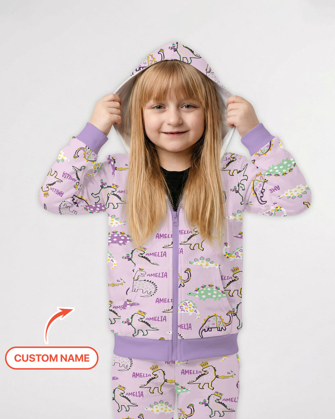 Custom Name Mardi Gras Saurus Zip Hoodie