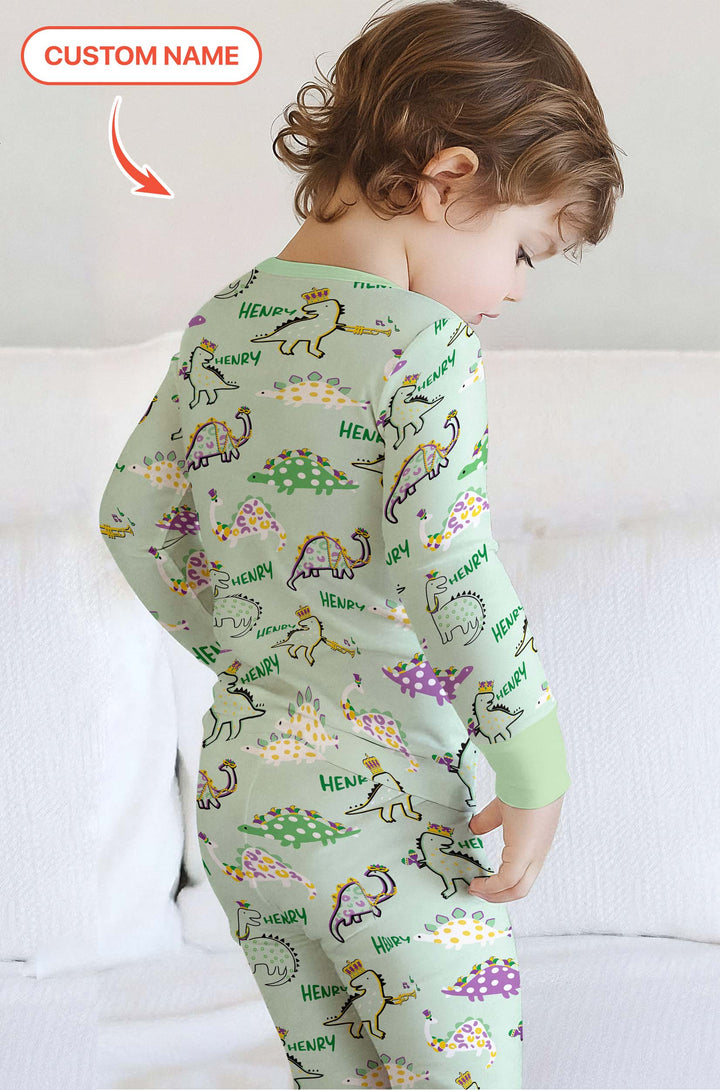 Custom Name Mardi Gras Saurus Two Piece Long Sleeve Pajama Set