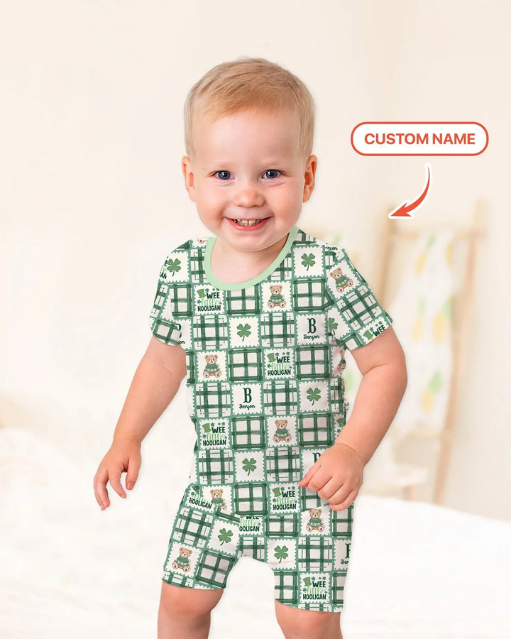 Custom Name Teddy Bear Gingham St. Patrick's Day Two Piece Short Sleeve Shorts Pajama Set