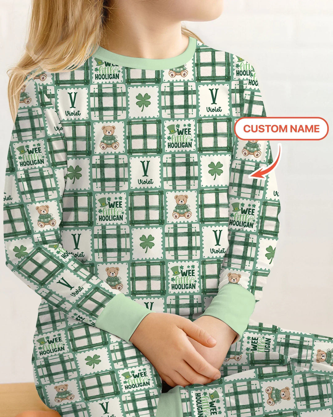 Custom Name Teddy Bear Gingham St. Patrick's Day Two Piece Long Sleeve Pajama Set