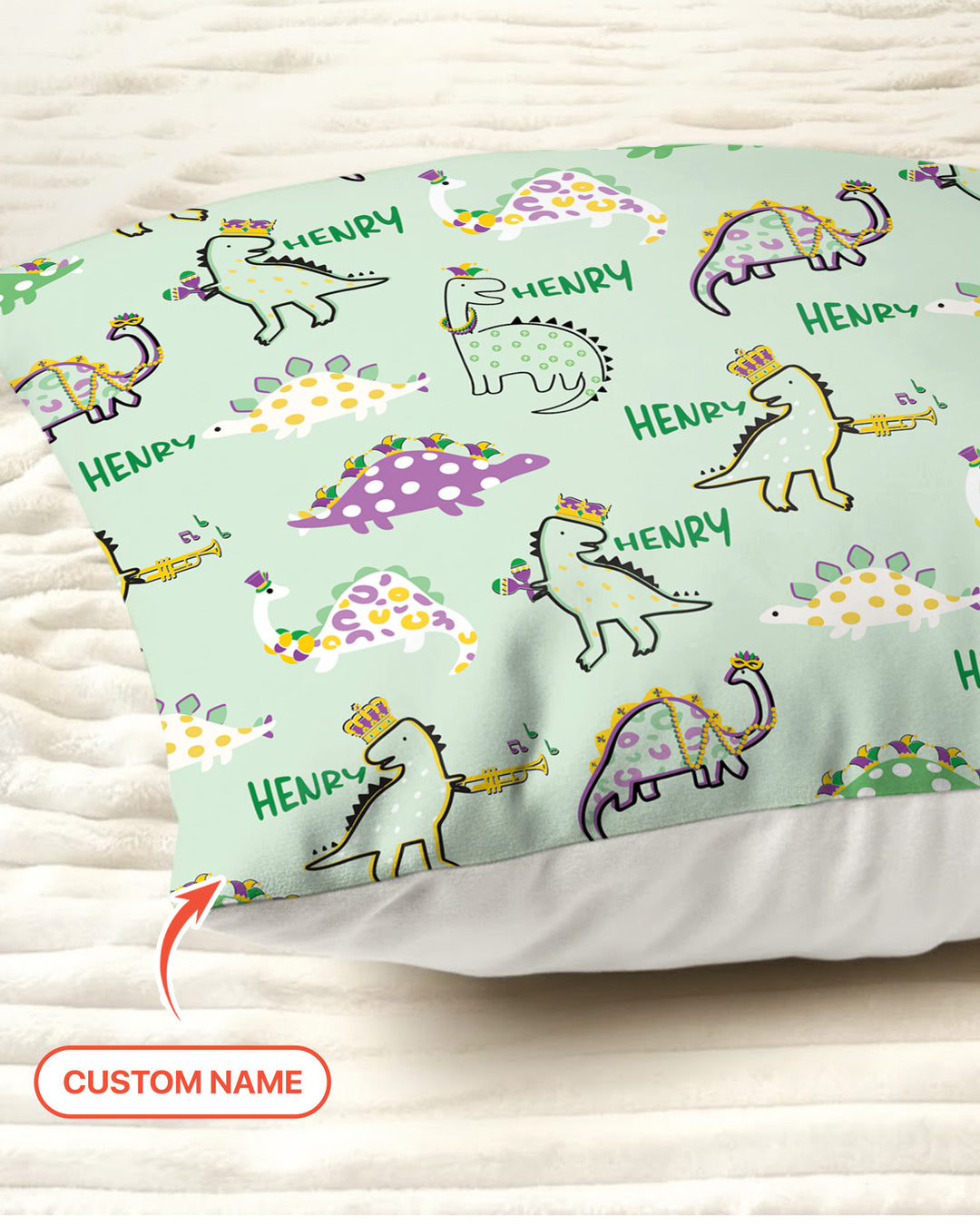Custom Name Mardi Gras Saurus Pillow Case
