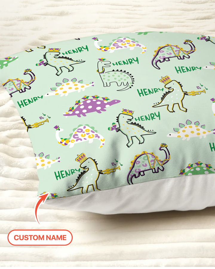 Custom Name Mardi Gras Saurus Pillow Case