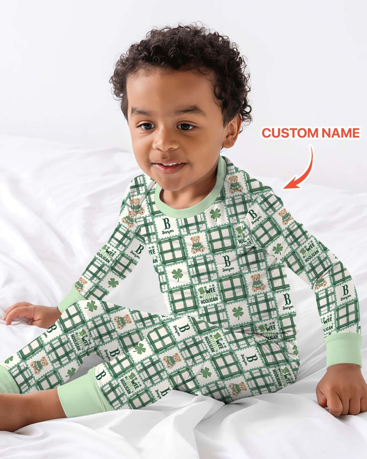 Custom Name Teddy Bear Gingham St. Patrick's Day Two Piece Long Sleeve Pajama Set