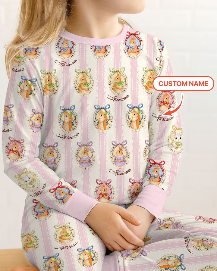 Custom Name Vintage Easter Bunny Two Piece Long Sleeve Pajama Set