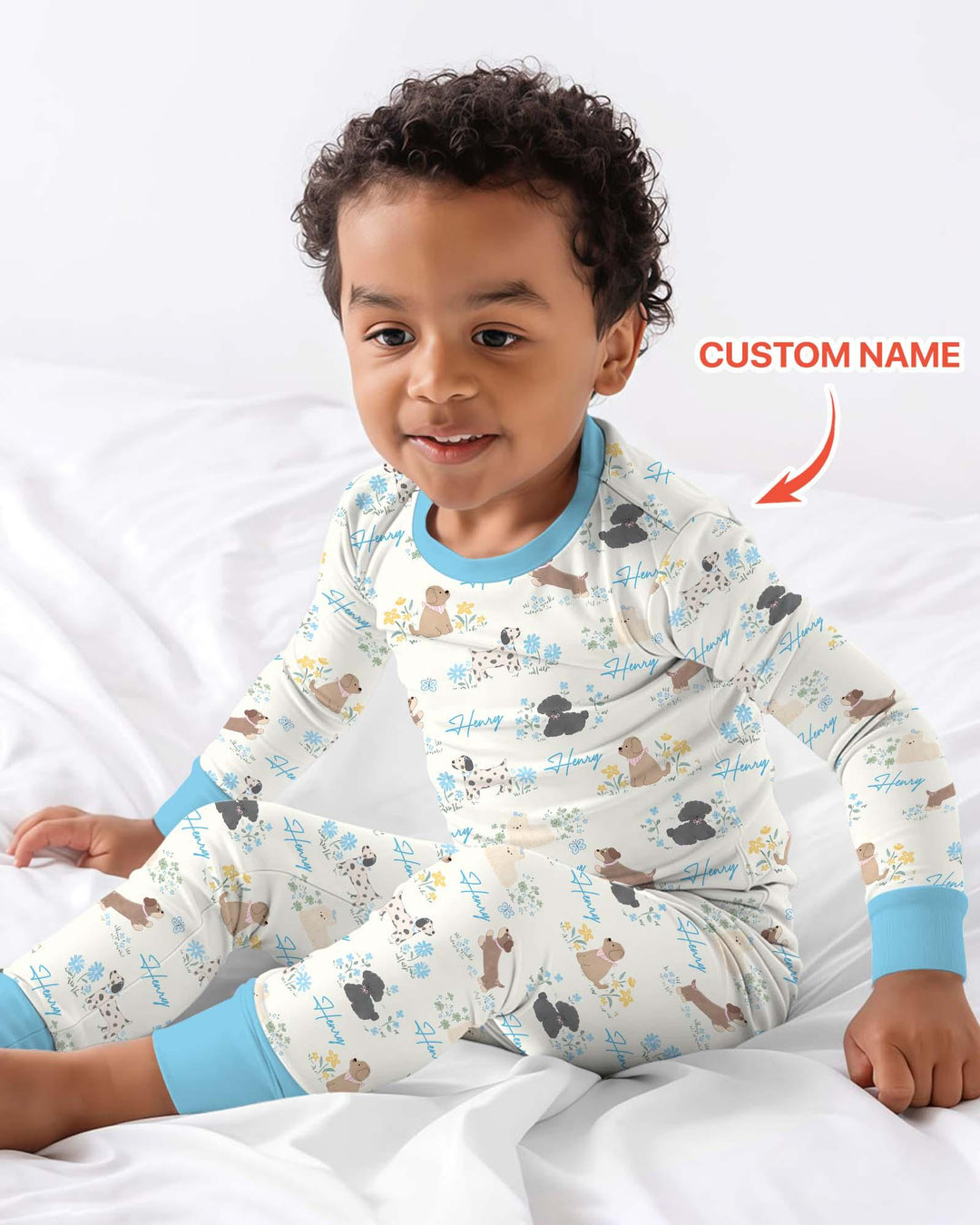 Custom Name Flower Dogs Two Piece Long Sleeve Pajama Set