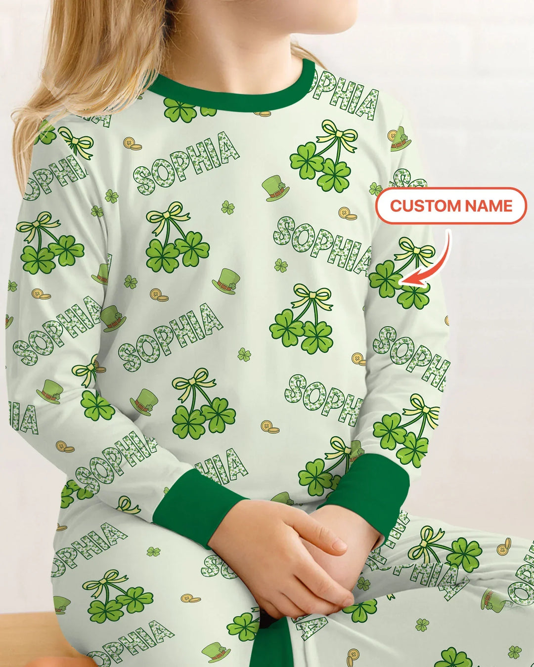 Custom Name Lucky Little Shamrock Two Piece Long Sleeve Pajama Set
