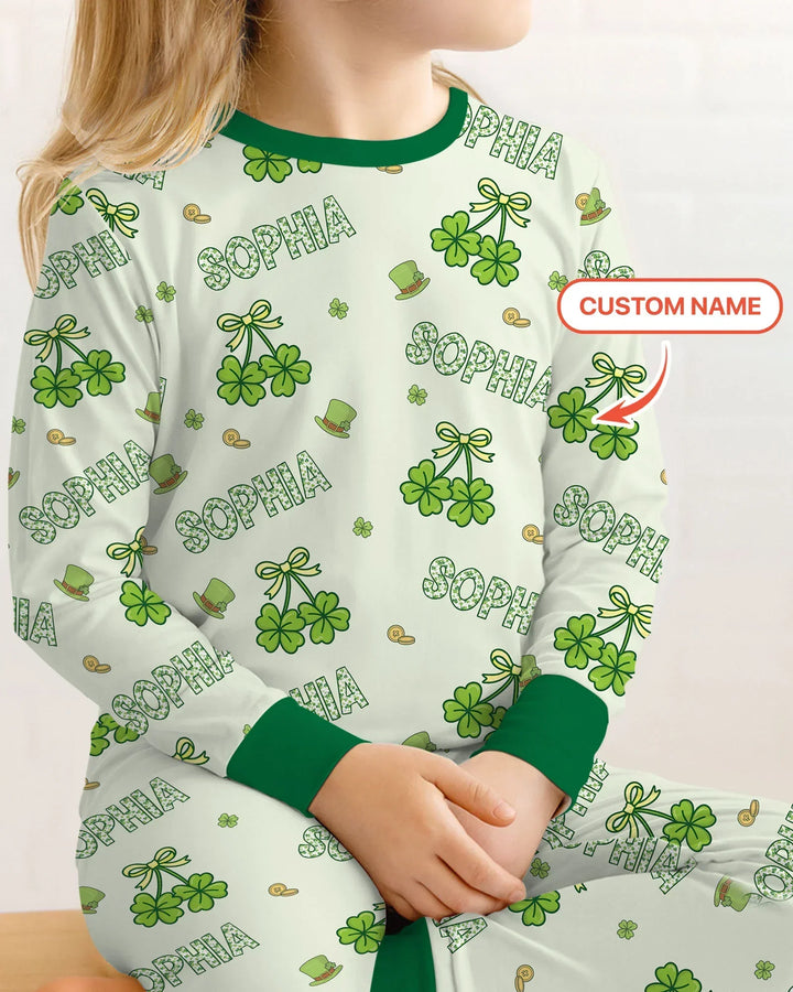 Custom Name Lucky Little Shamrock Two Piece Long Sleeve Pajama Set