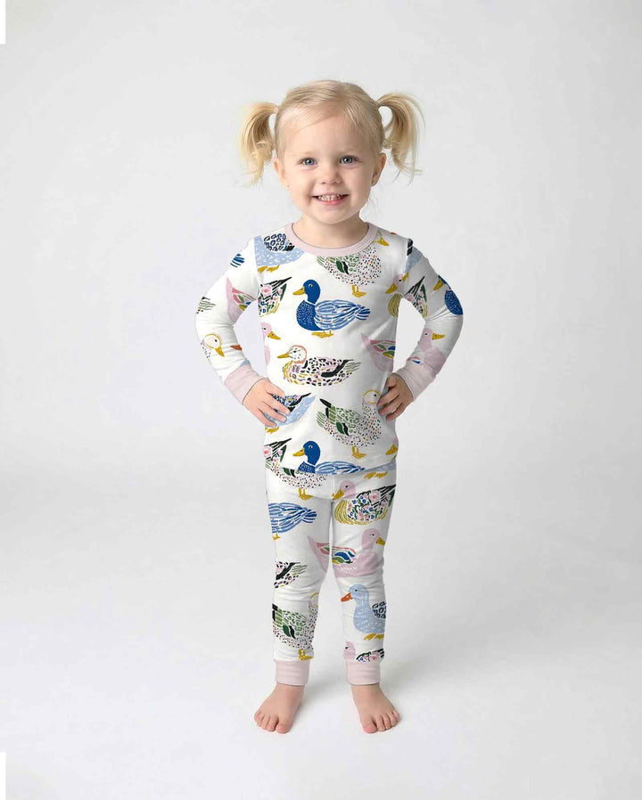 Whimsical Garden Ducks Bamboo Two Piece Long Sleeve Pajama Set