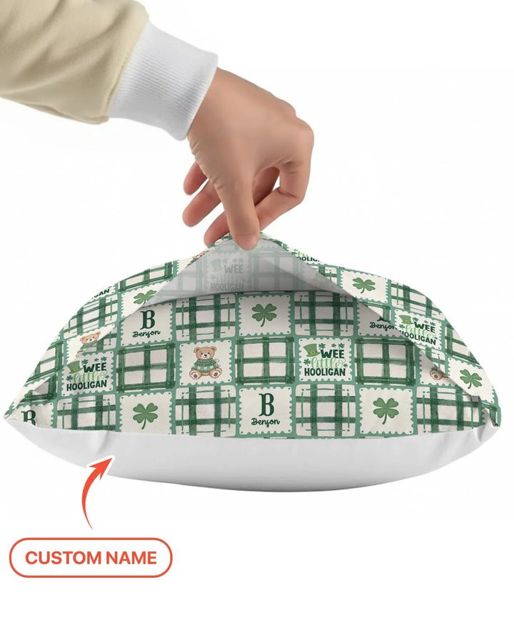 Custom Name Teddy Bear Gingham St. Patrick's Day Pillow Case