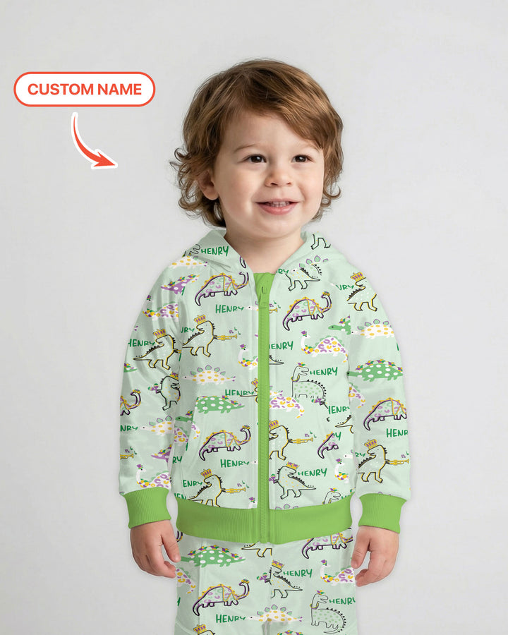 Custom Name Mardi Gras Saurus Zip Hoodie