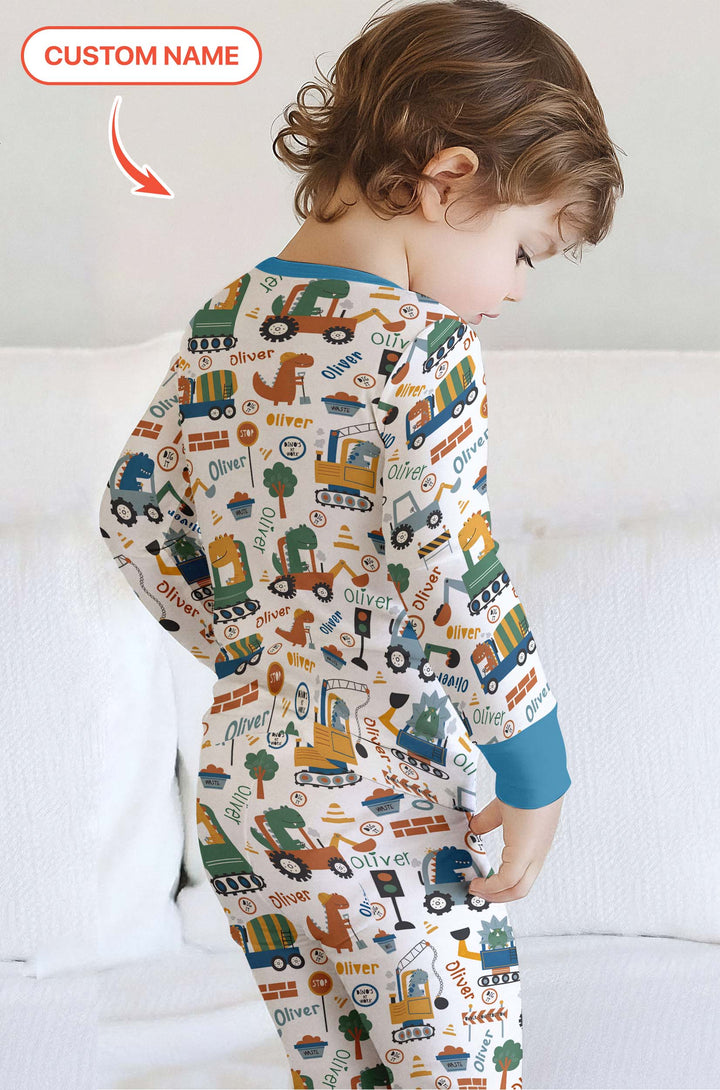 Custom Name Dino Diggers Two Piece Short Sleeve Pajama Set