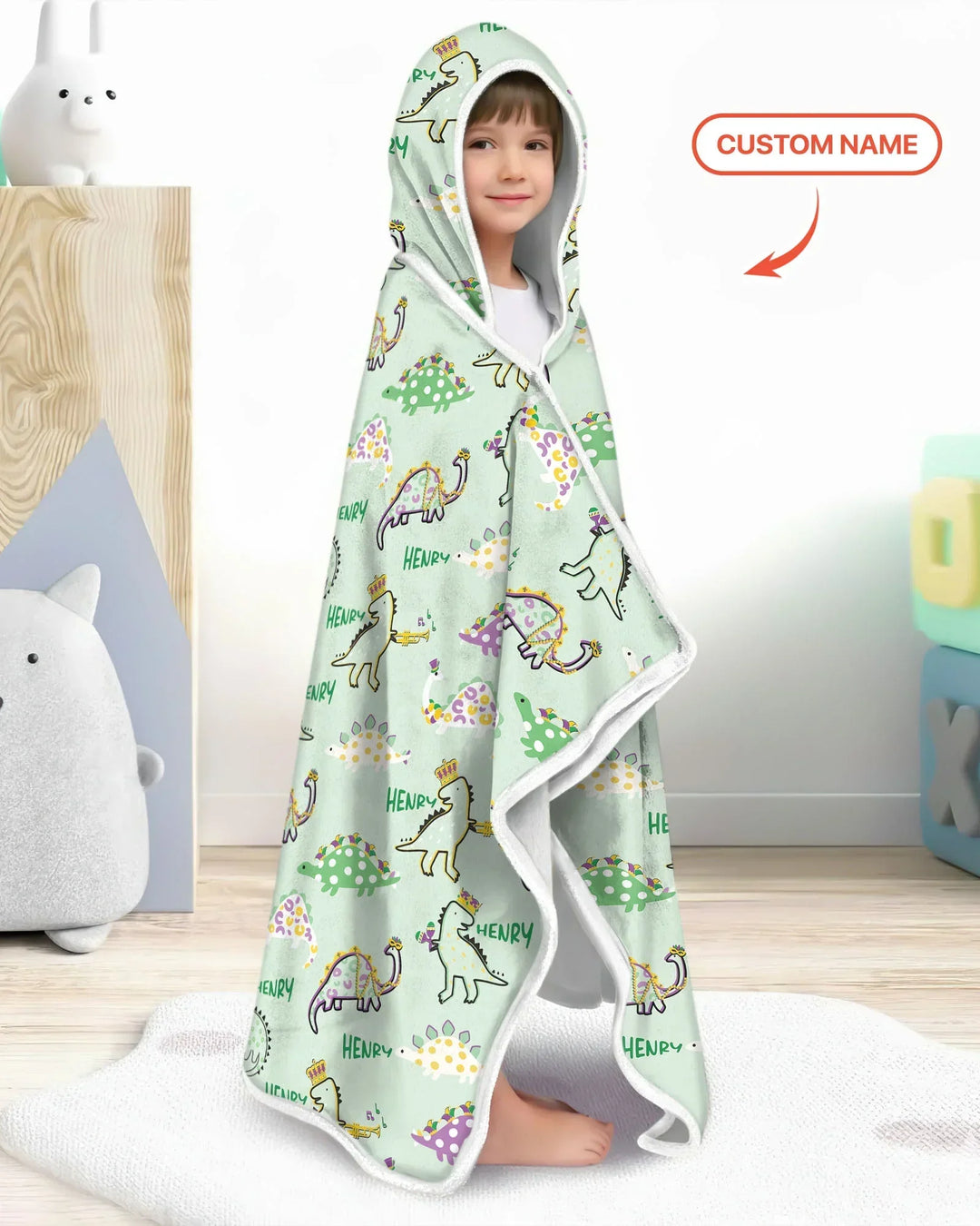 Custom Name Mardi Gras Saurus Bamboo Wearable Hooded Blanket