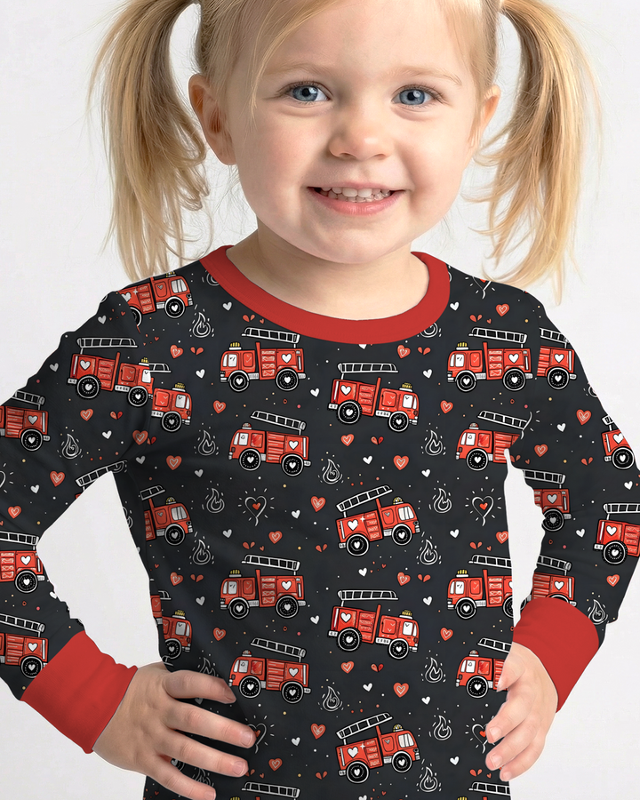 Valentine Fire Trucks Two Piece Long Sleeve Pajama Set