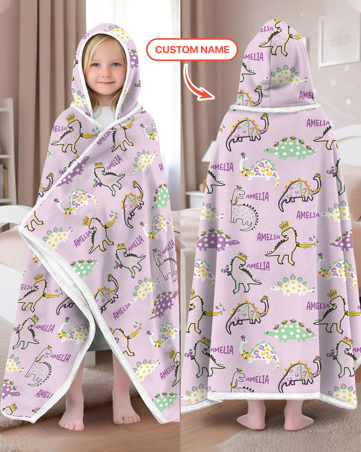 Custom Name Mardi Gras Saurus Wearable Hooded Blanket