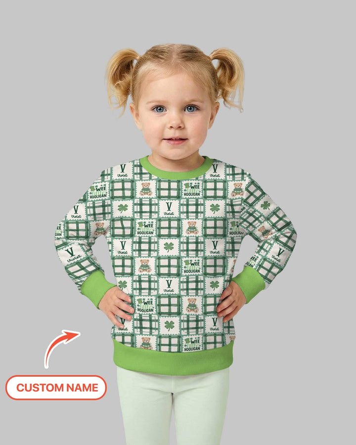 Custom Name Teddy Bear Gingham St. Patrick's Day Crewneck Sweatshirt