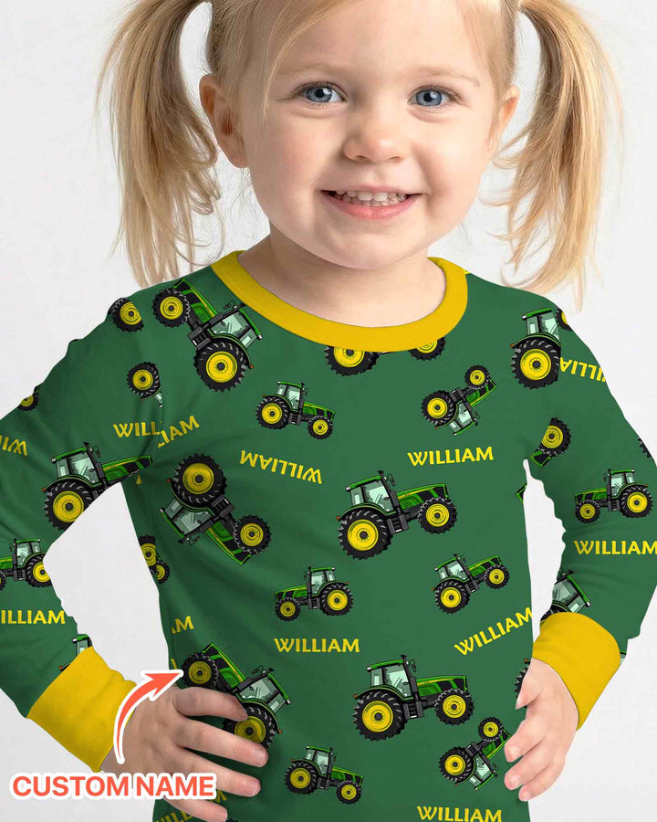 Conjunto de pijama de dos piezas de bambú de manga larga para papá y yo con tractores verdes y nombre personalizado