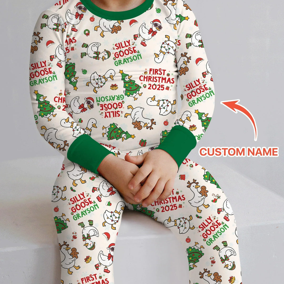 Custom Name "Silly Goose" Two Piece Long Sleeve Pajama Set (Green) , Custom Name "Silly Goose" Two Piece Long Sleeve Pajama Set (Green) - 12-18M