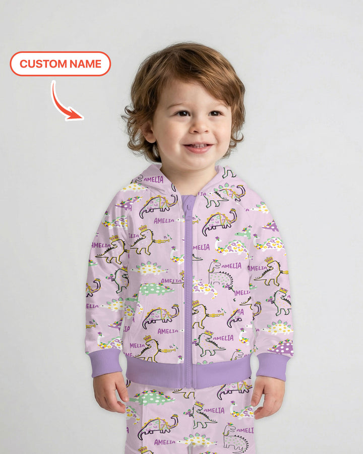 Custom Name Mardi Gras Saurus Zip Hoodie