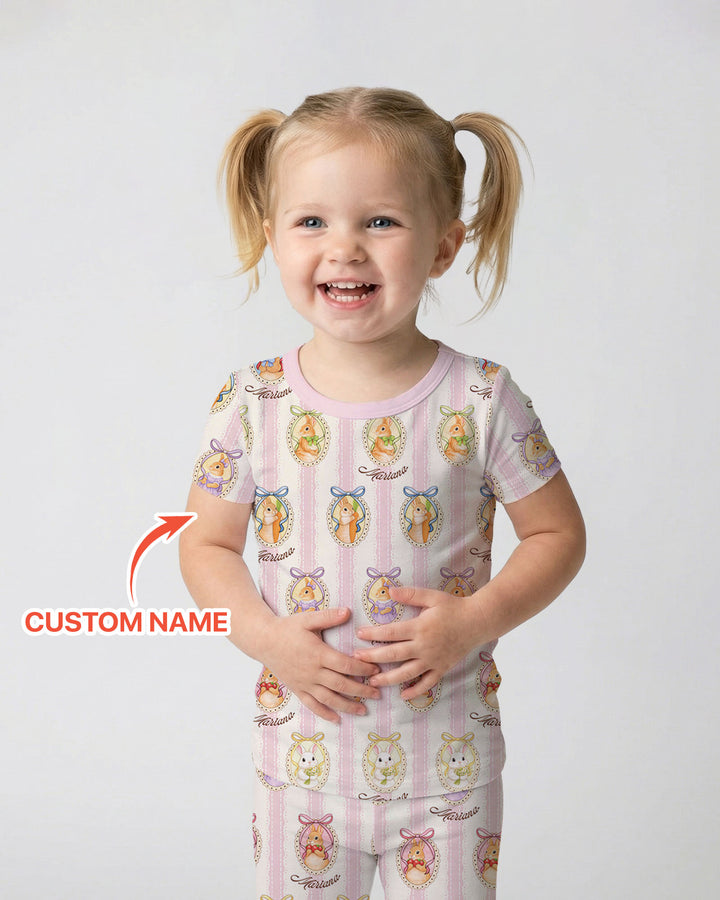 Custom Name Vintage Easter Bunny Two Piece Short Sleeve Pajama Set