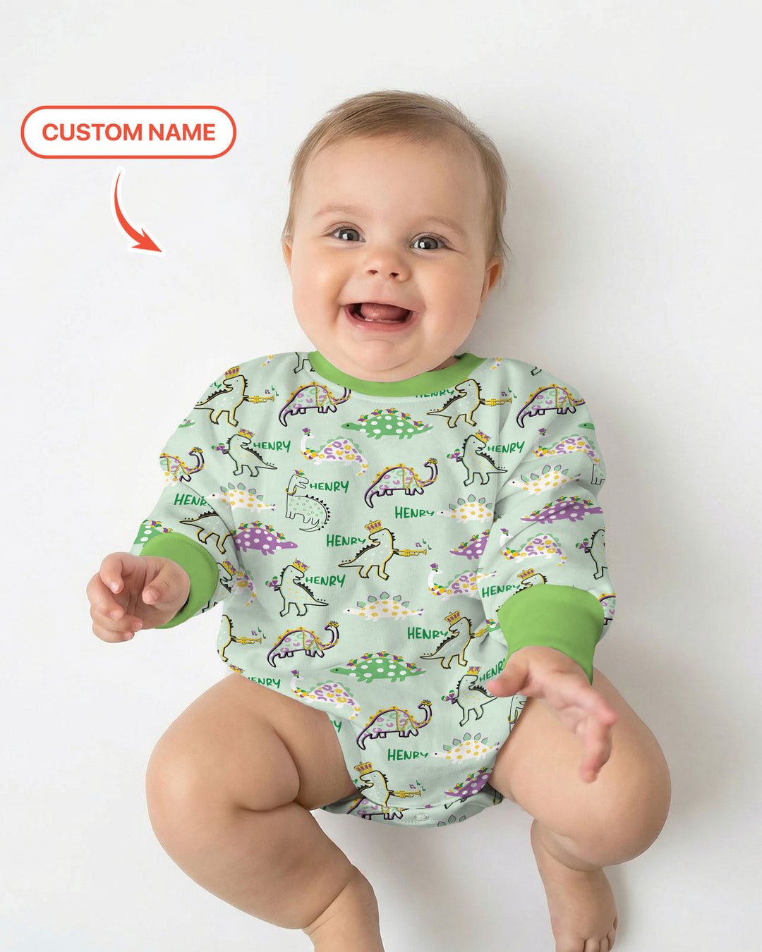 Custom Name Mardi Gras Saurus Bubble Romper