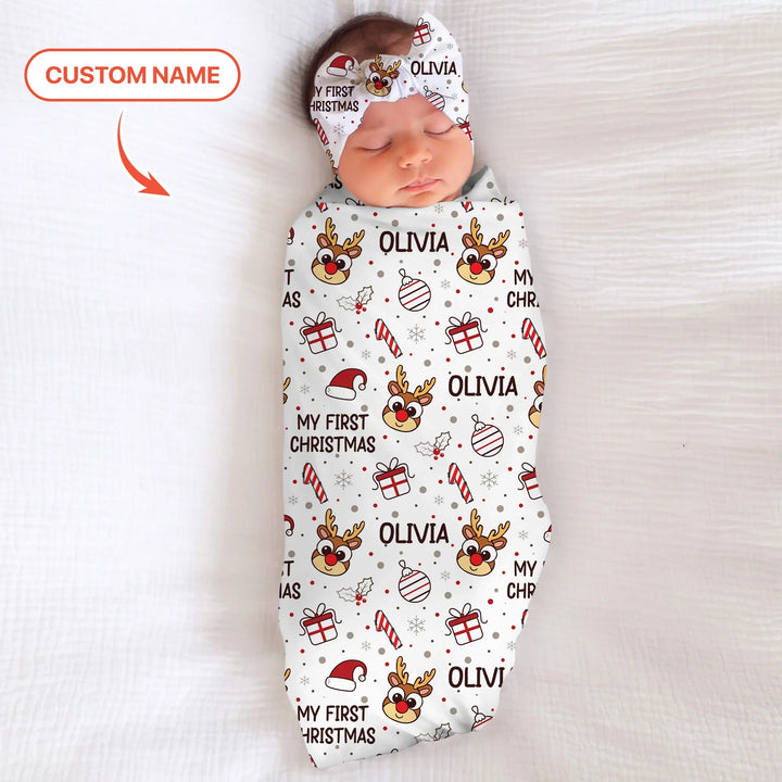 Custom Name Reindeer Doodle My First Christmas Swaddle Blanket