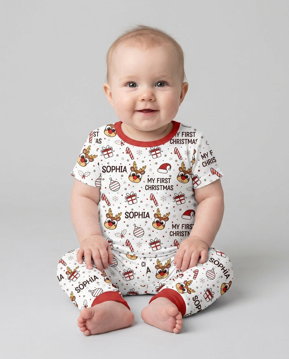 Custom Name Reindeer Doodle My First Christmas Bamboo Two Piece Short Sleeve Pajama Set