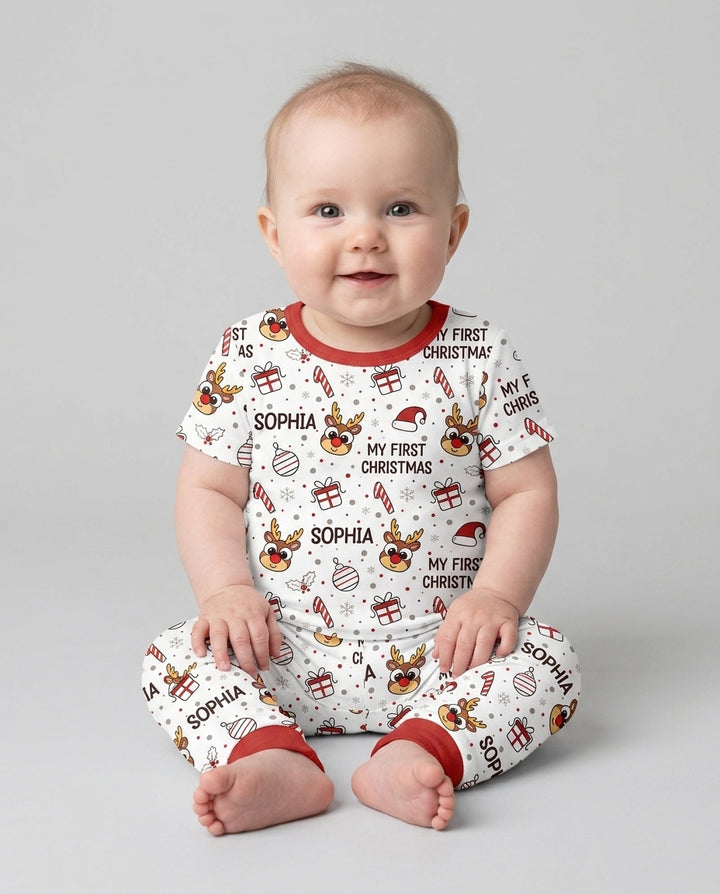 Custom Name Reindeer Doodle My First Christmas Bamboo Two Piece Short Sleeve Pajama Set