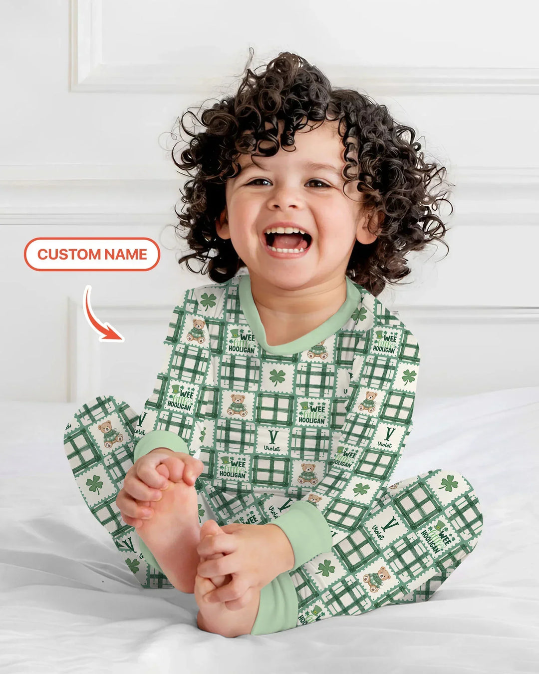 Custom Name Teddy Bear Gingham St. Patrick's Day Two Piece Long Sleeve Pajama Set