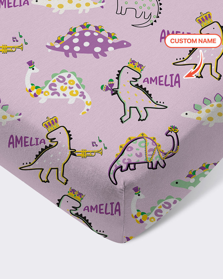 Custom Name Mardi Gras Saurus Fitted Crib Sheet