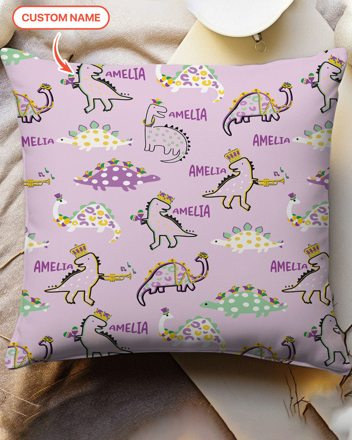 Custom Name Mardi Gras Saurus Pillow Case