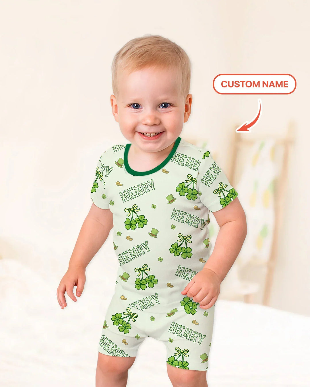 Custom Name Lucky Little Shamrock Two Piece Short Sleeve Shorts Pajama Set