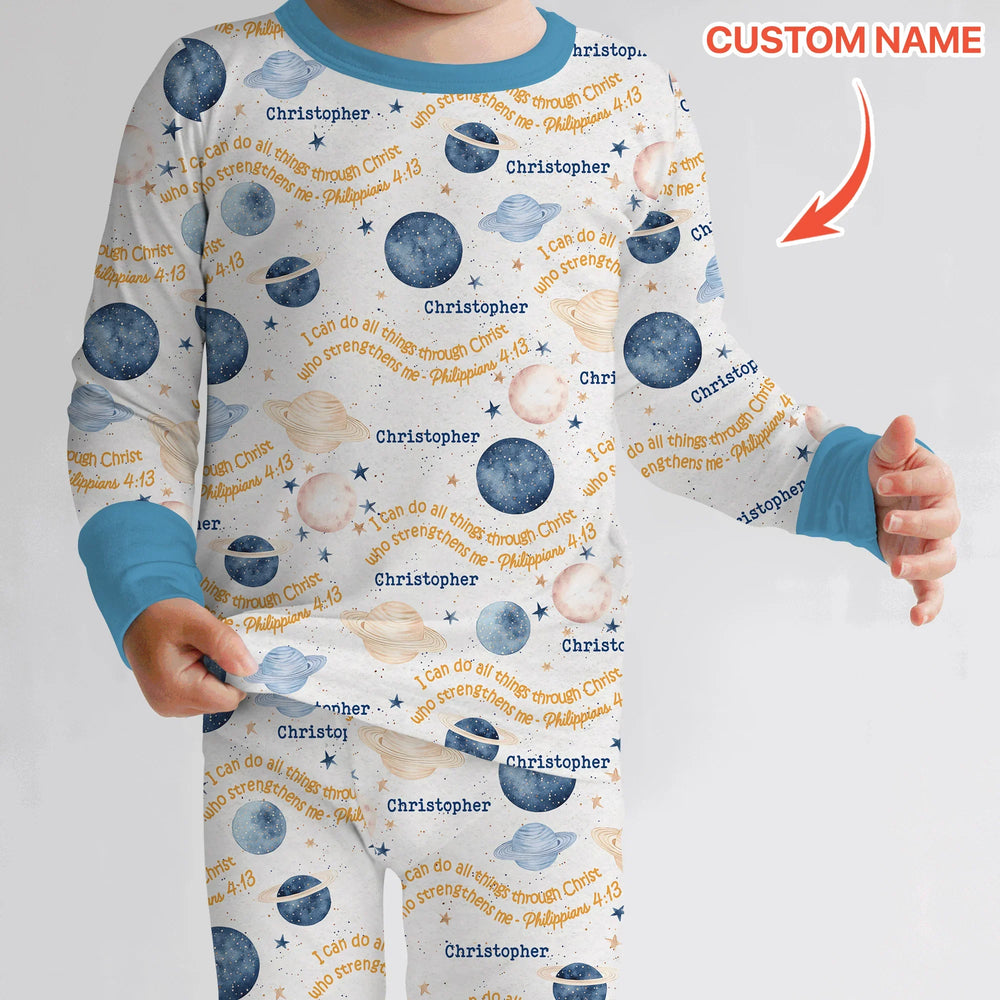 I Can Do All Things Through Christ Custom Name Two Piece Long Sleeve Pajama Set , I Can Do All Things Through Christ Custom Name Two Piece Long Sleeve Pajama Set - 12-18M