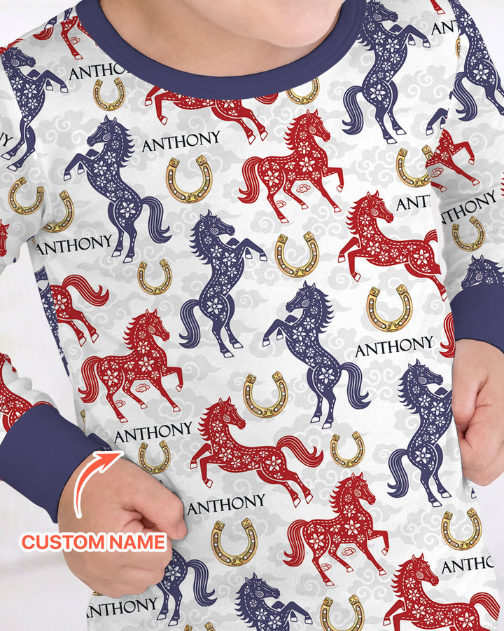 Custom Name Chinoiserie Horses Two Piece Long Sleeve Pajama Set