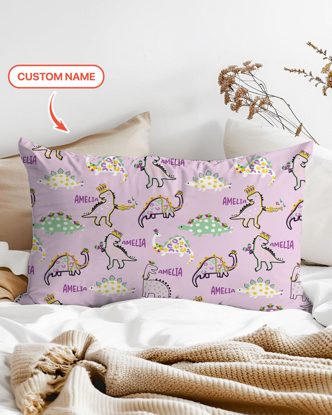 Custom Name Mardi Gras Saurus Pillow Case