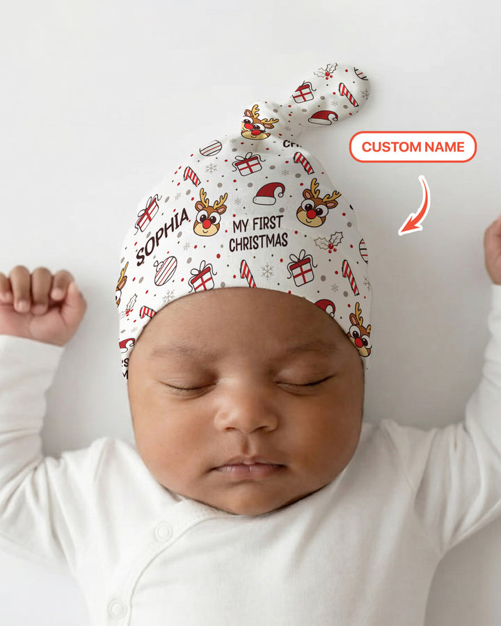Custom Name Reindeer Doodle My First Christmas Bamboo Knotted Hat