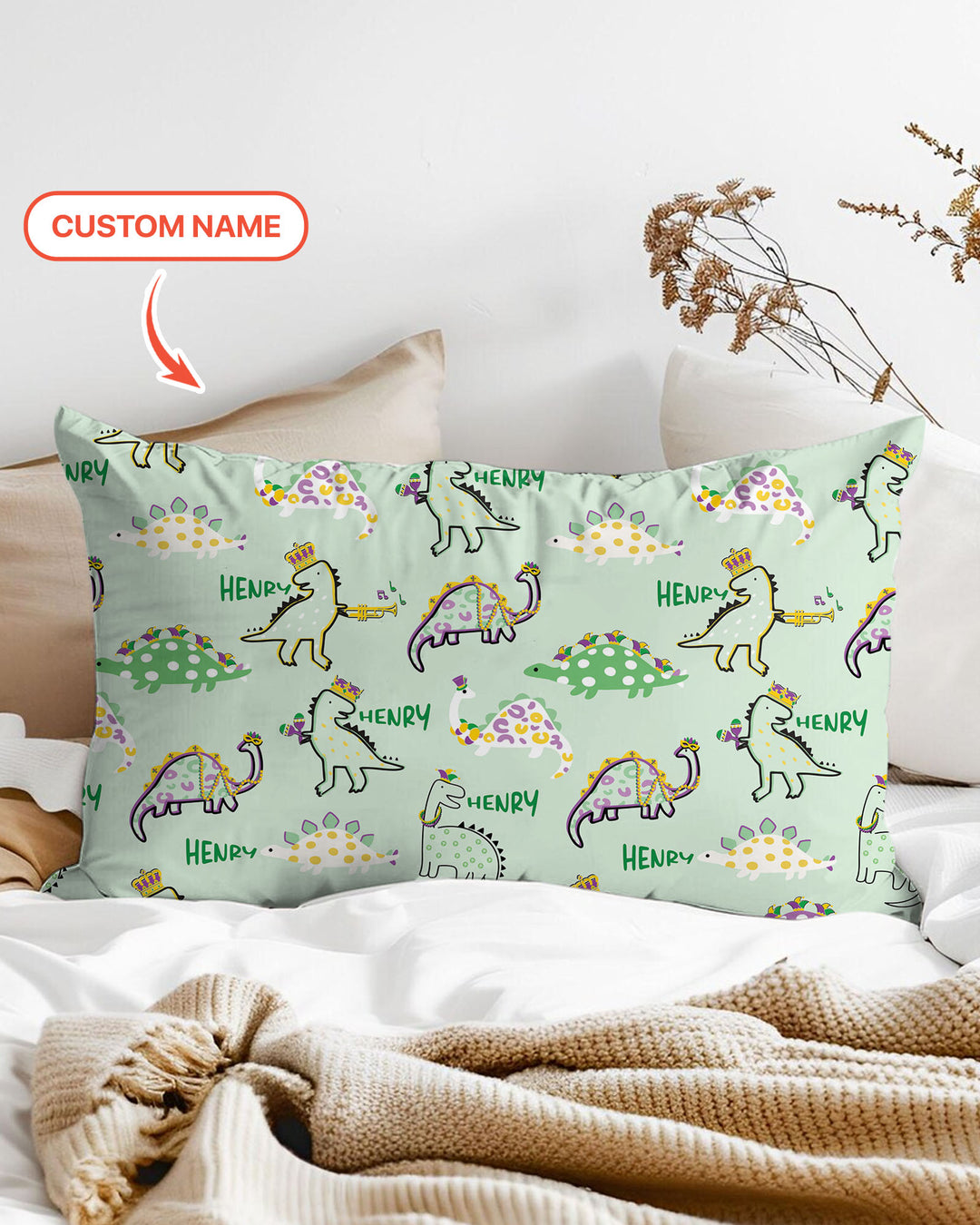 Custom Name Mardi Gras Saurus Pillow Case