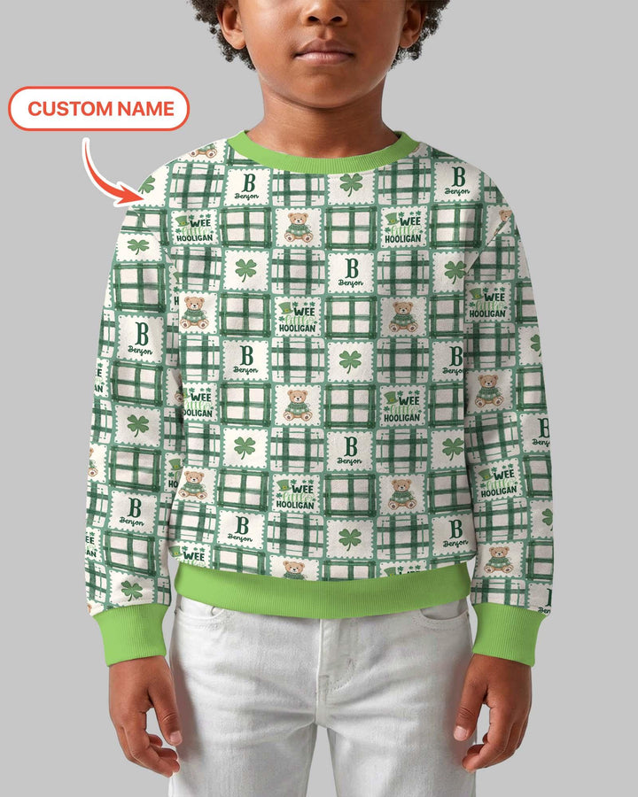 Custom Name Teddy Bear Gingham St. Patrick's Day Crewneck Sweatshirt