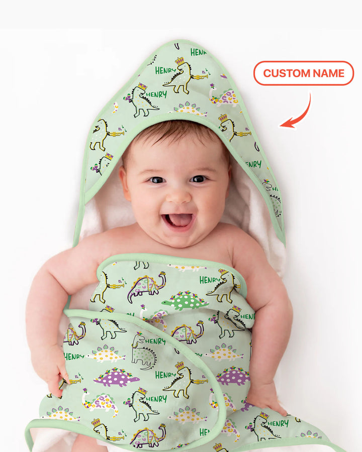 Custom Name Mardi Gras Saurus Hooded Towel Set