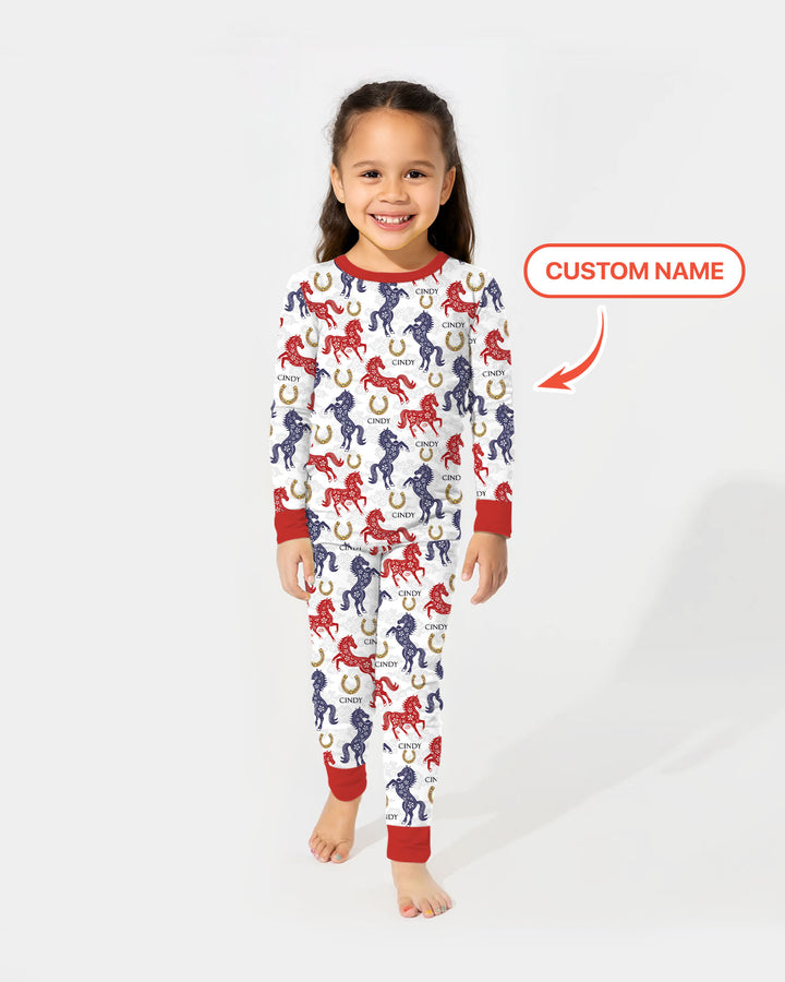 Custom Name Chinoiserie Horses Two Piece Long Sleeve Pajama Set