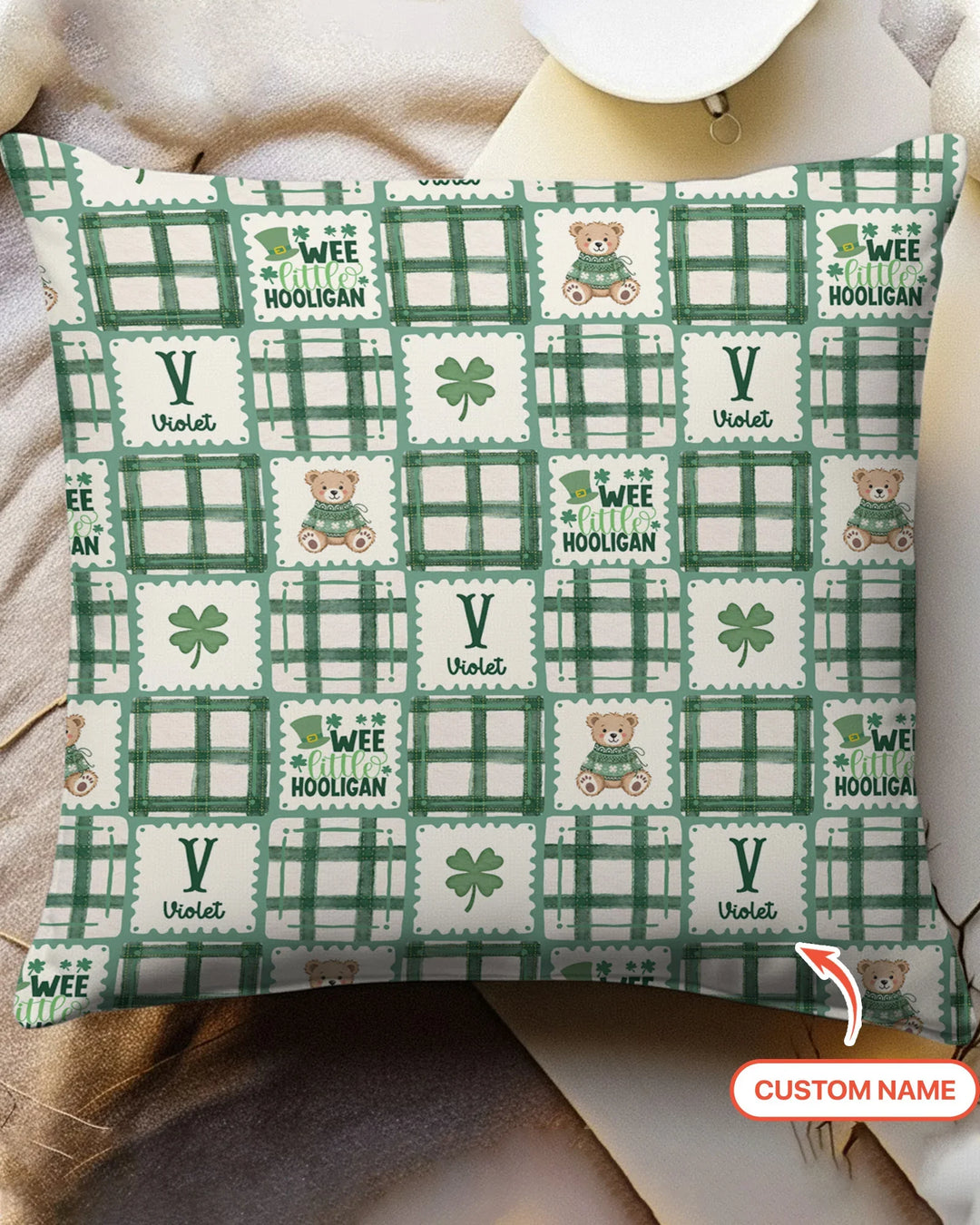 Custom Name Teddy Bear Gingham St. Patrick's Day Pillow Case