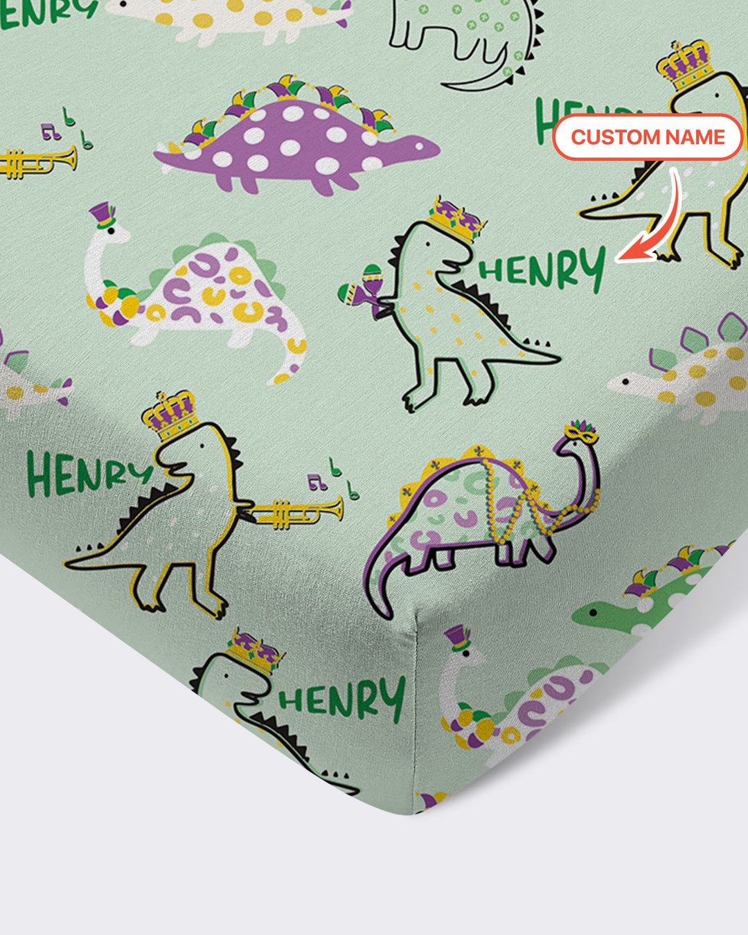 Custom Name Mardi Gras Saurus Fitted Crib Sheet