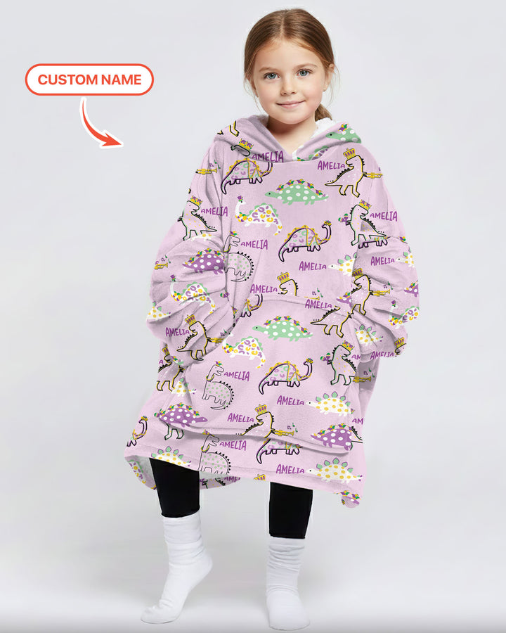 Custom Name Mardi Gras Saurus Wearable Blanket Hoodie