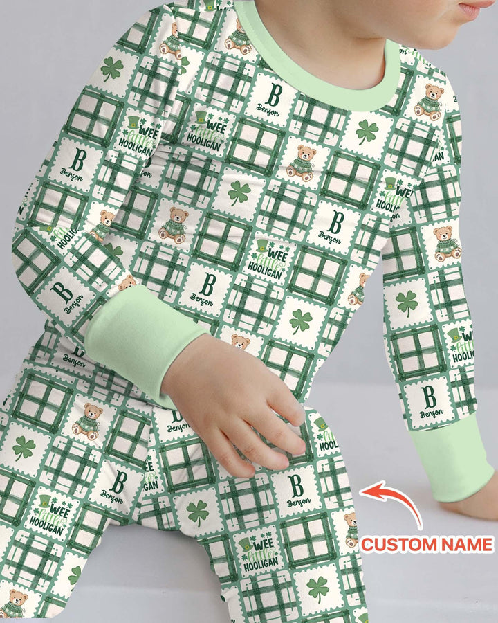 Custom Name Teddy Bear Gingham St. Patrick's Day Two Piece Long Sleeve Pajama Set