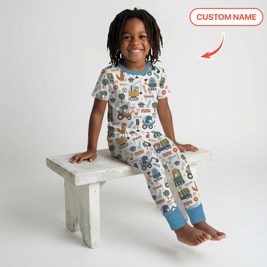 Custom Name Dino Diggers Two Piece Short Sleeve Pajama Set