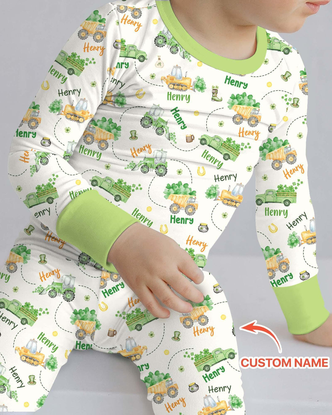 Construction St. Patrick's Day Custom Name Two Piece Long Sleeve Pajama Set