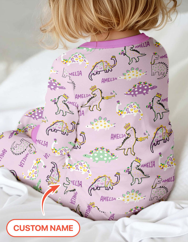 Custom Name Mardi Gras Saurus Two Piece Long Sleeve Pajama Set