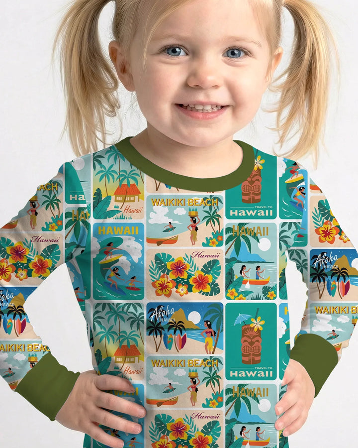 Aloha Postcard Paradise Bamboo Two Piece Long Sleeve Pajama Set